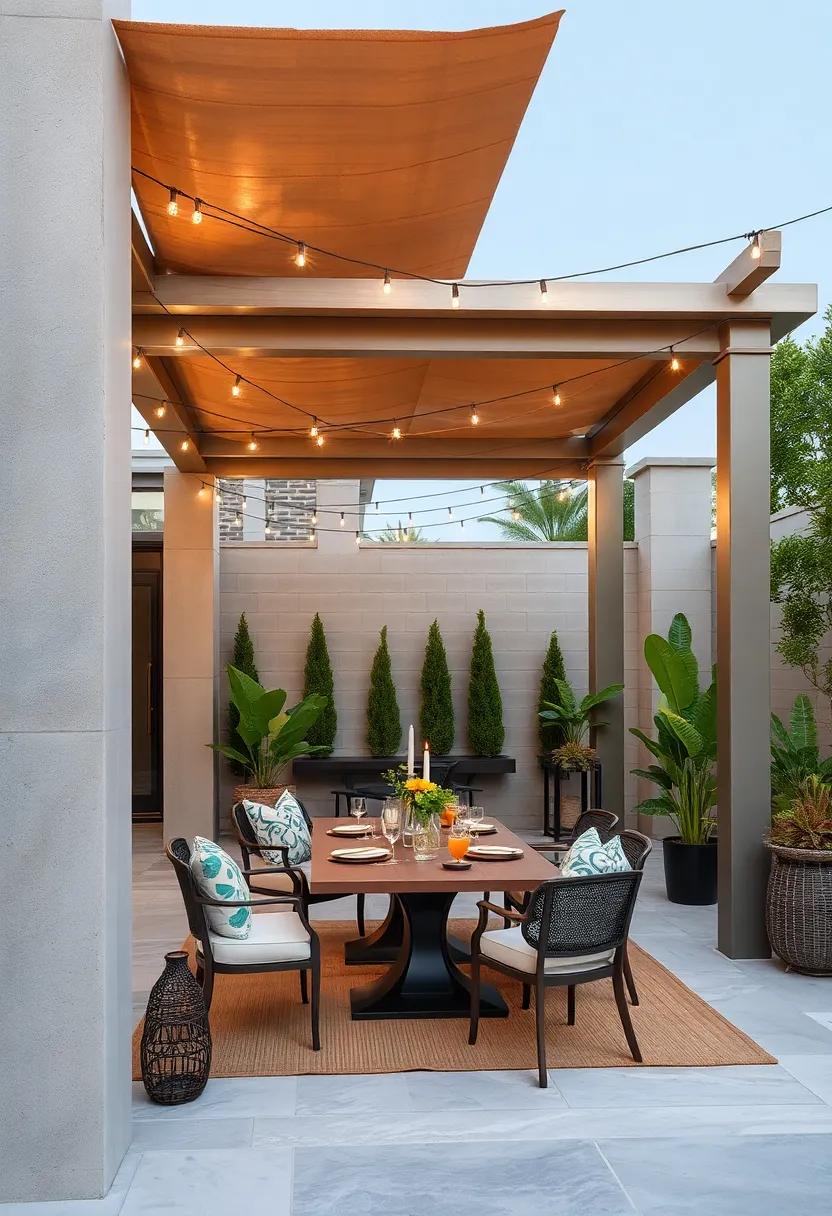 Brushed Steel‍ Pergola​ Framing ‍a Cozy Outdoor ⁤Dining ​Space Under Twinkling String Lights