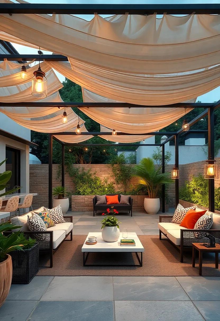 Matte Black Metal Frames Supporting‌ Lush Canopies of Draped Fabric and Hanging⁢ Lights