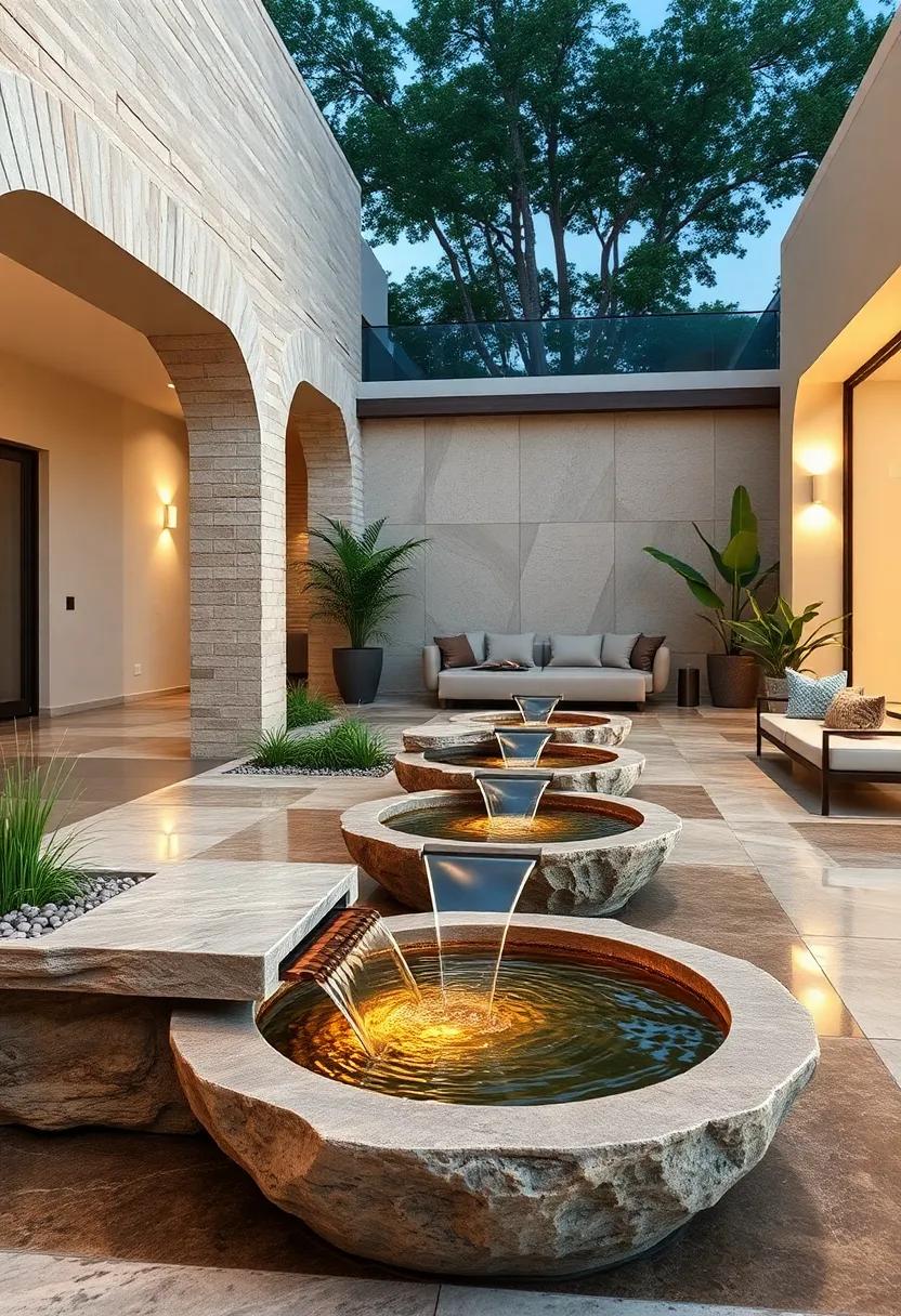 Polished Stainless Steel Water Features Cascading into Stone Basins for Tranquil Ambiance