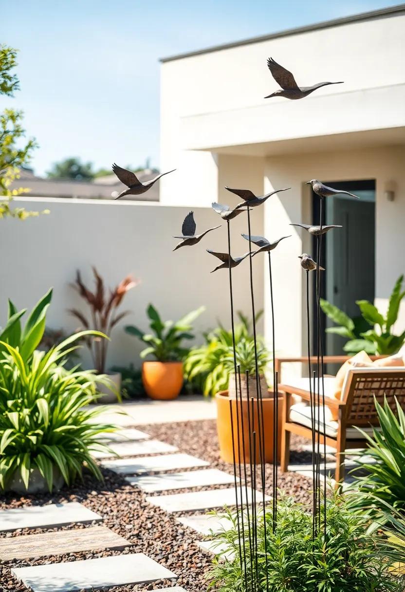 Abstract Bird ⁢Flock: A series of minimalist ⁤metal birds ⁤mounted on rods, appearing to take flight across the garden bed for a sense ⁢of motion ⁣and life