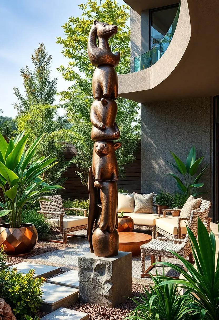 Animal Totem Poles: Stacked metal forms representing‌ various animals native‌ to the region,​ creating a storytelling vertical sculpture rooted in cultural heritage