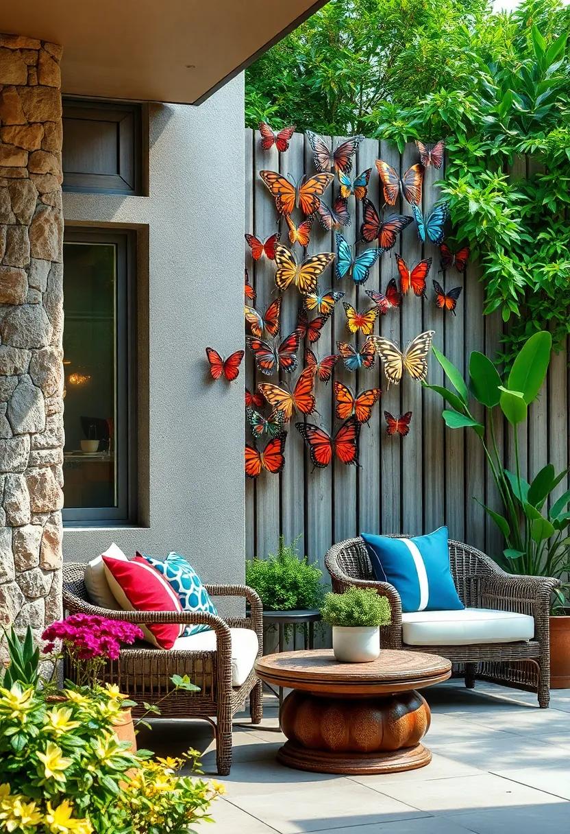Butterfly Wall Clusters: Multiple metal butterflies clustered artfully on a wall or fence, ⁣painted in vivid enamels to contrast stunningly with surrounding foliage