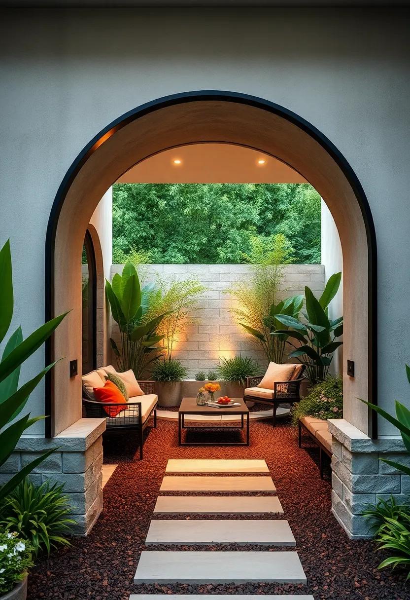 Contemporary Archway: A sleek, curved metal arch installed‌ over garden pathways, introducing an elegant gateway‌ that invites exploration