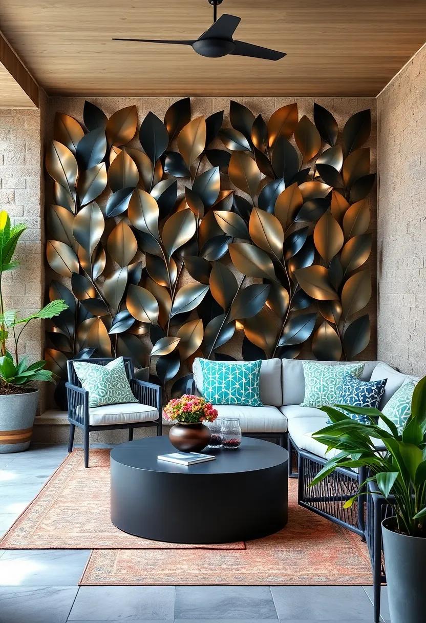 Geometric Leaf Panels: Overlapping laser-cut metal sheets shaped like oversized leaves,​ layered vertically to create an eye-catching privacy ​screen​ with an artistic flair