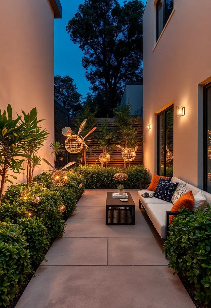 Metallic Fireflies Installation:‌ Tiny LED-lit metal creatures scattered across shrubbery, simulating a magical field of flickering fireflies at night