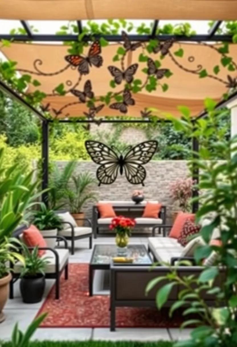 Ornate Butterfly‍ Pergola: A metal pergola adorned with butterfly motifs ‍and vines, combining shade with artistic charm for ⁣relaxing garden retreats
