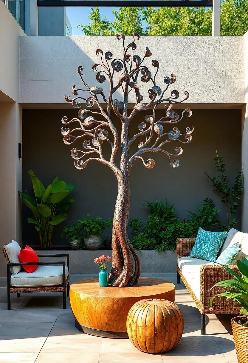 Oxidized Tree of Life Sculpture: A towering metal artwork depicting a stylized tree with curling ⁢branches ⁤and textured leaves, offering depth and symbolism
