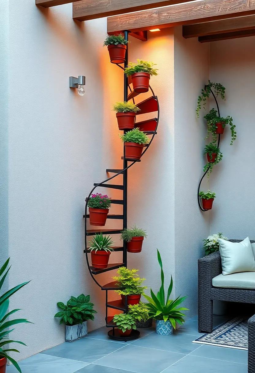 Spiral Staircase Planters: Vertical metal spirals ⁣designed to hold ‌a variety of ⁢potted plants, turning a small‍ corner into a lush, eye-catching display