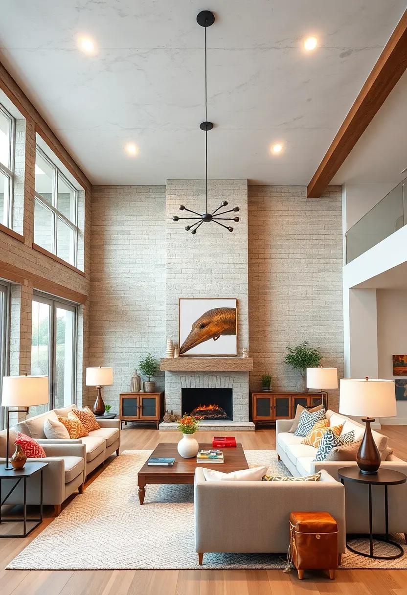 Layered Lighting Combining Recessed⁤ Ceiling Lights ⁣and Rustic Table Lamps in a ⁢Spacious Living Room