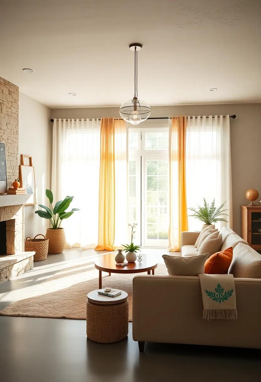 Sunlight Filtering Through ⁣Sheer ⁤Linen Curtains Illuminating a Bright Farmhouse ‍Living Room