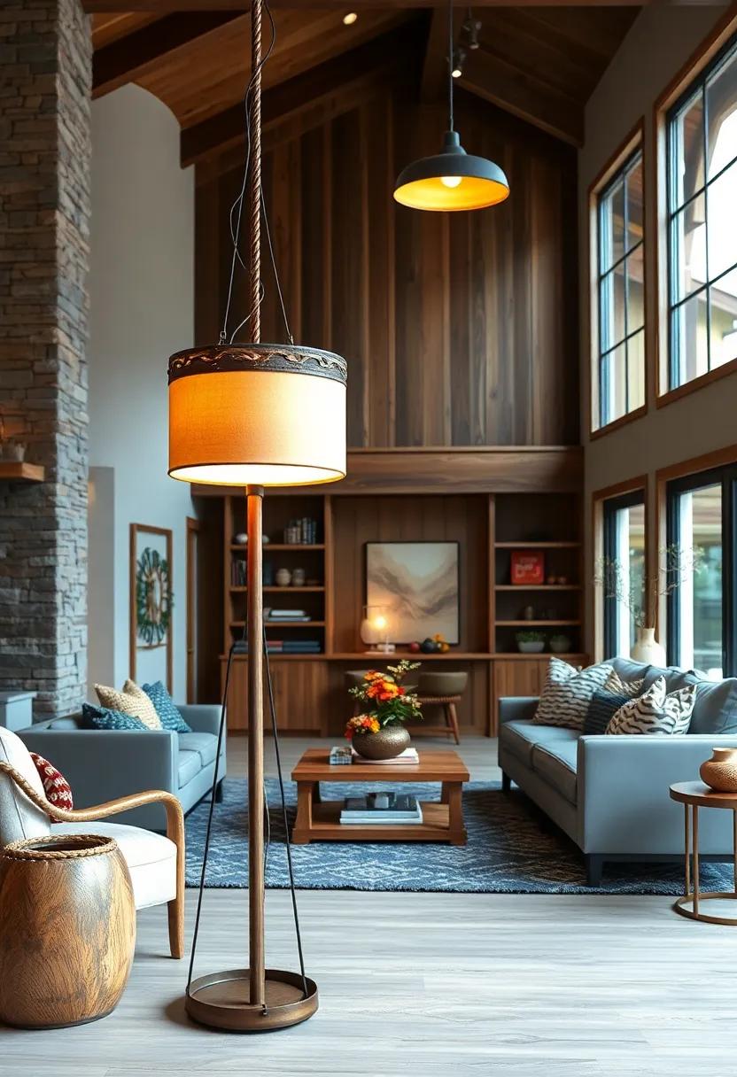 An ⁣Inviting Floor ⁢Lamp Made⁣ From Reclaimed Barn ⁢Wood Offering layered ​Lighting Effects ‍in a Spacious Farmhouse⁢ Room