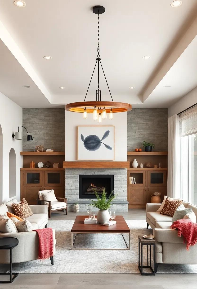 A Statement Chandelier Made of Reclaimed Wood and Metal Accents Highlighting Modern Farmhouse ‍Charm