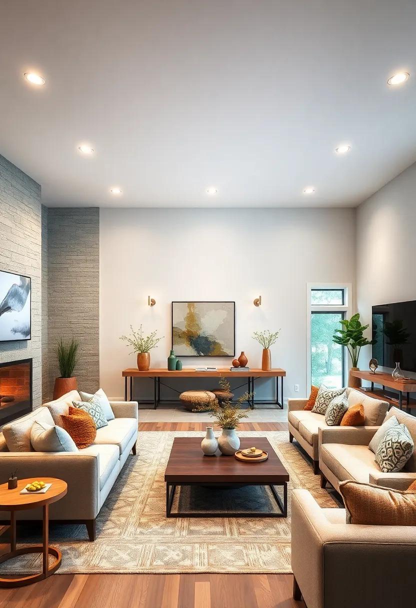 Soft White Light from Recessed Fixtures Enhancing Neutral Walls and Organic Farmhouse Elements