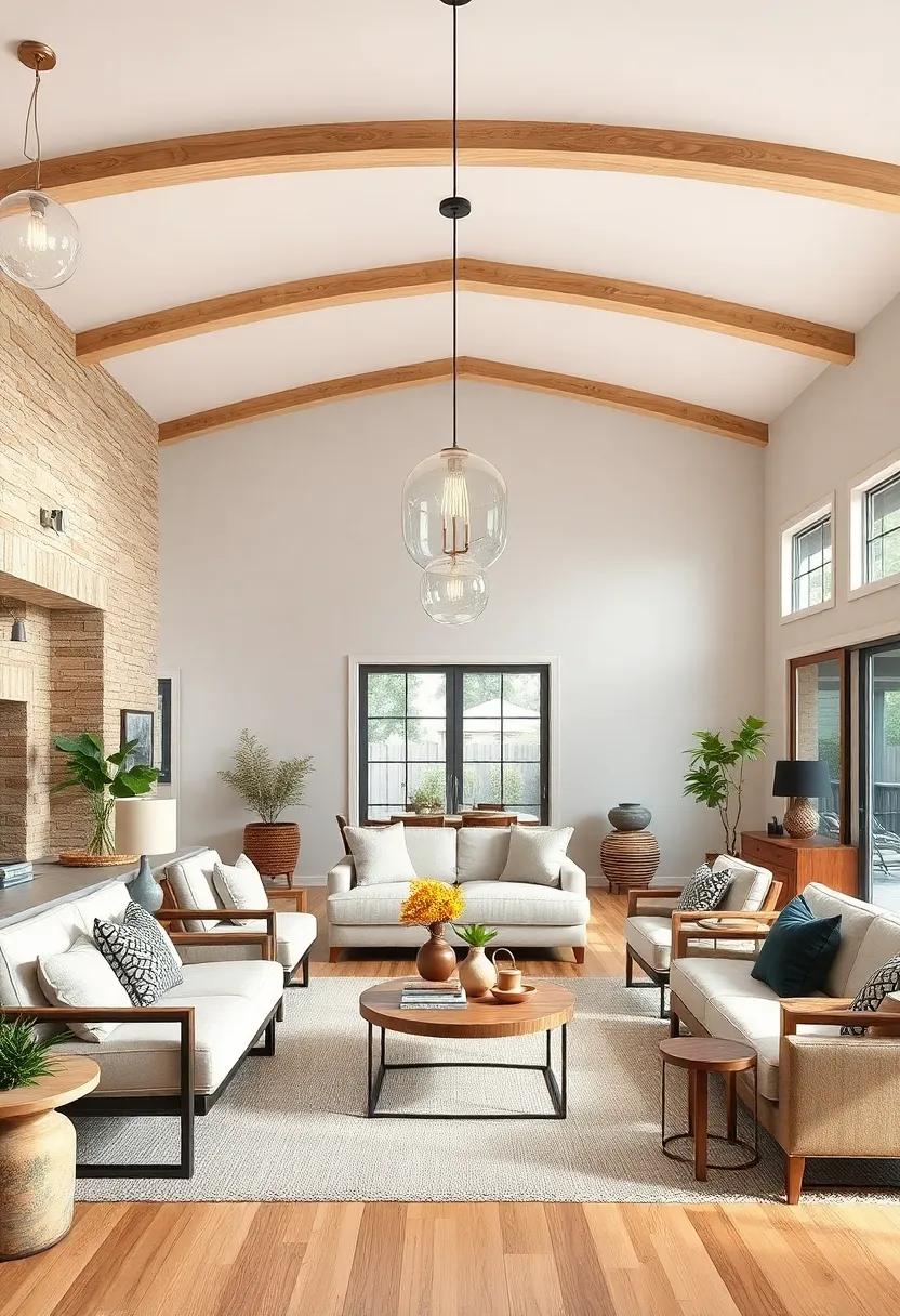 Clear Glass ​Pendant Lighting Suspended‍ Over an Open Floor Plan ‌With Light‌ Wooden Furnishings ⁣and Earthy ⁣Decor