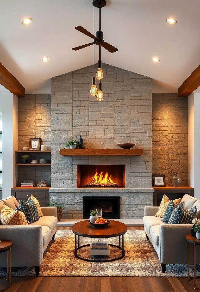 A Farmhouse Fireplace Accentuated by Warm Overhead ‌Lighting With Exposed Edison Bulbs