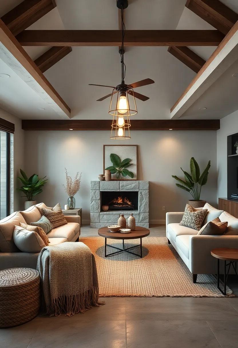 Elegant Pendant lights‌ Suspended above a⁣ Cozy Farmhouse Seating Area With​ Plush Cushions