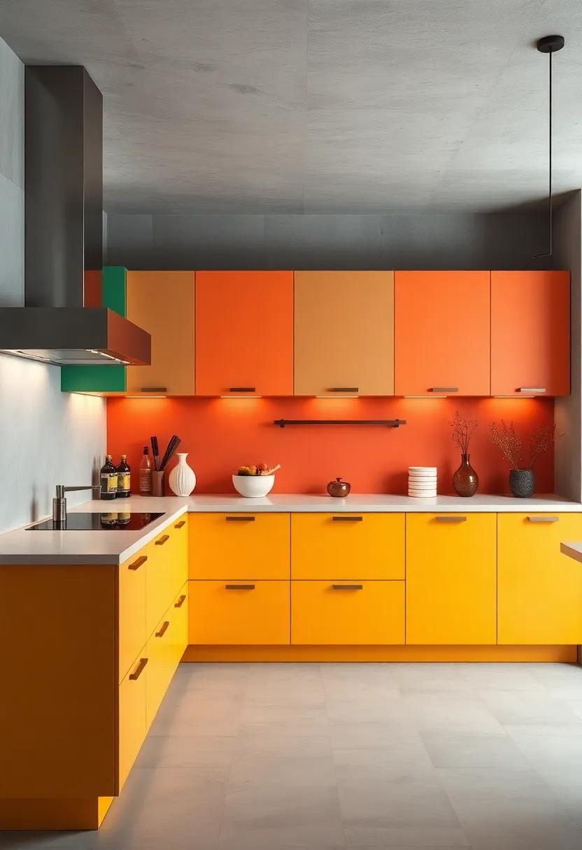 Bold color blocking with⁣ vibrant cabinetry ⁣paired with‍ neutral countertops balancing playful⁤ style and practicality