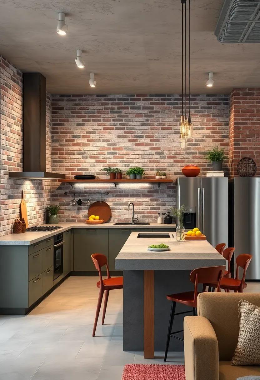 The⁢ industrial chic kitchen model​ showcasing​ exposed brick walls,concrete countertops,and ​metal accents