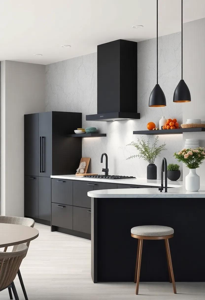 A​ monochrome palette kitchen with matte black ⁤fixtures and white marble accents that emphasize‌ clean lines and⁢ contrast