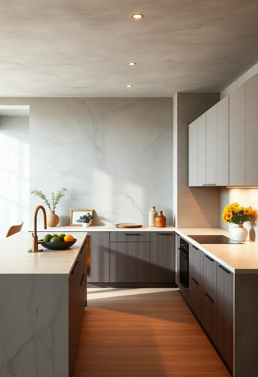 The streamlined ​quartz countertop ​kitchen featuring handleless cabinets and ‍integrated appliances for a minimalist aesthetic