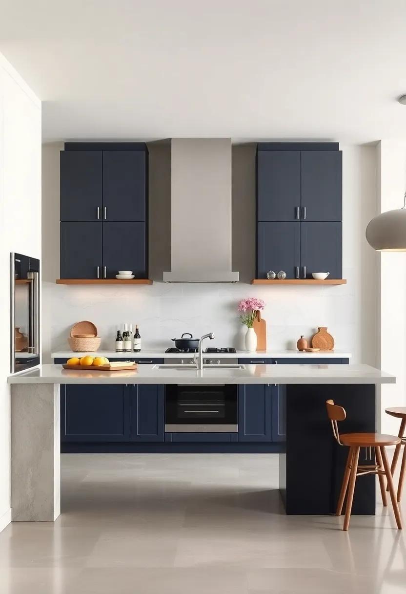 The two-tone kitchen design combining ⁣deep navy‍ lower cabinets with soft gray uppers to add depth and dimension