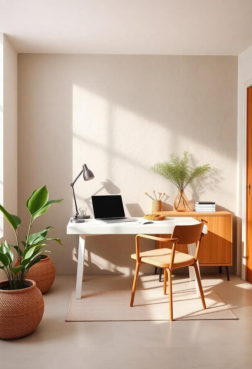 A crisp white​ minimalist desk‍ paired with a soft⁤ beige ​wall and natural wood accents creates a serene workspace that⁢ promotes focus and ⁤ease
