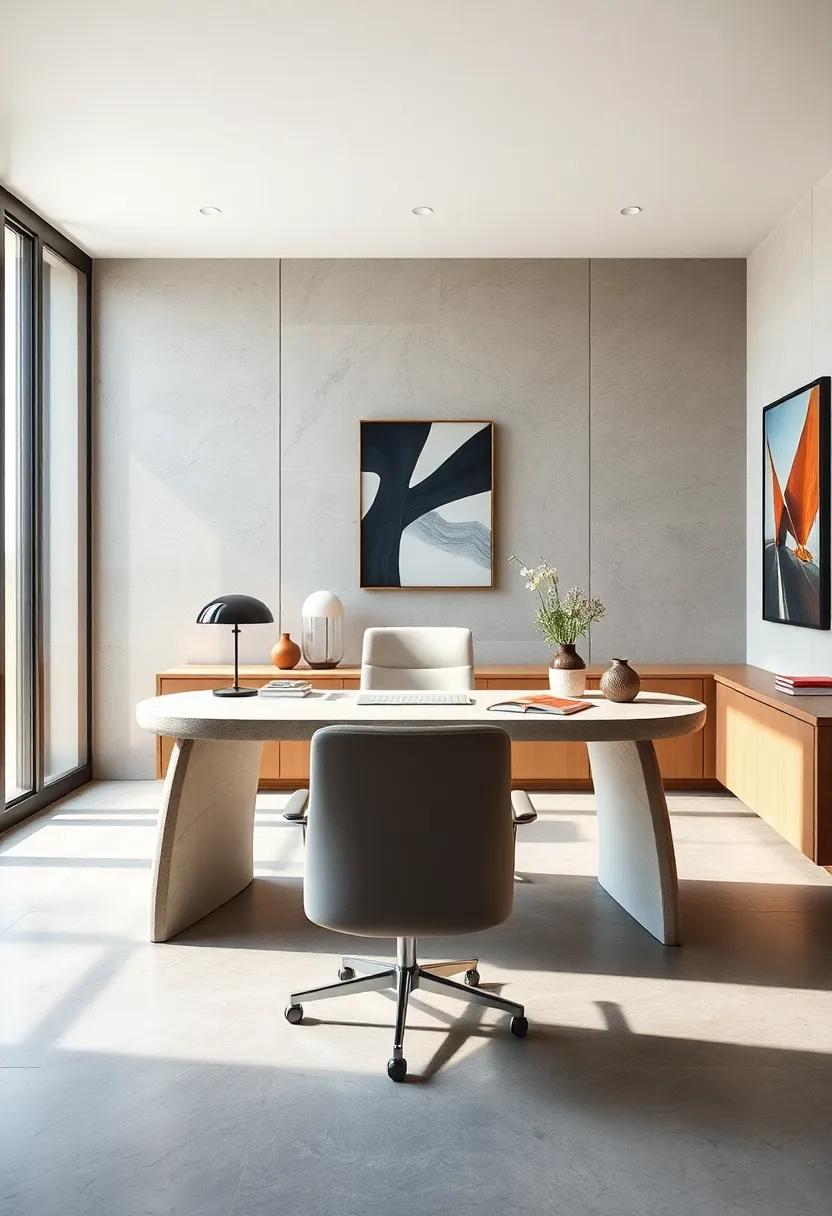 A curved, pale stone desk fronted by a low-profile‌ ergonomic chair exemplifies elegance and understated design for those​ who value comfort and style