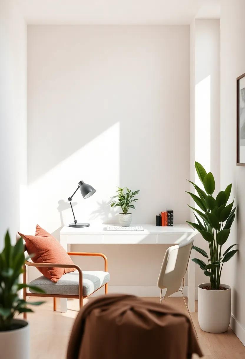Nestle a⁢ compact⁢ minimalist desk into a corner with soft ivory​ walls and ‍a single potted​ plant for a fresh, inviting nook
