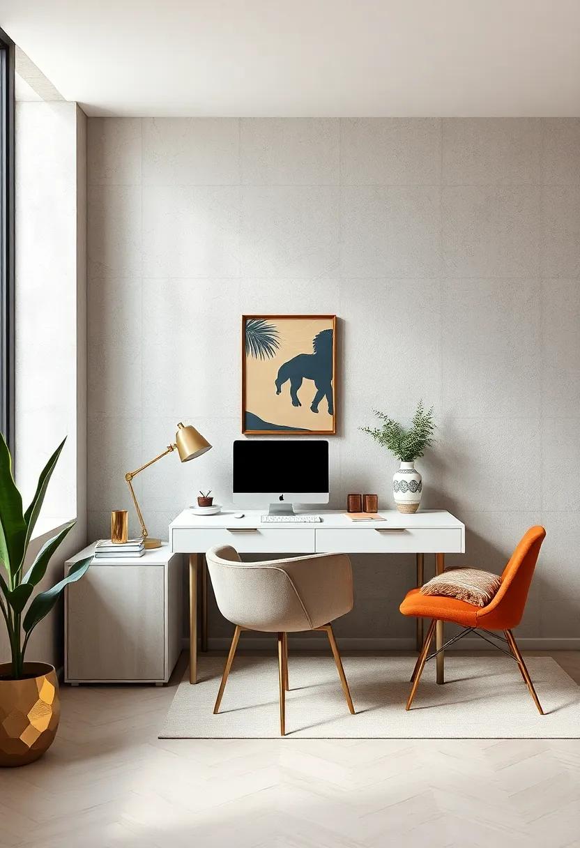 Monochromatic ​beige‌ tones in wall paint and furniture ⁢complement a minimalist desk with smooth edges and minimal hardware