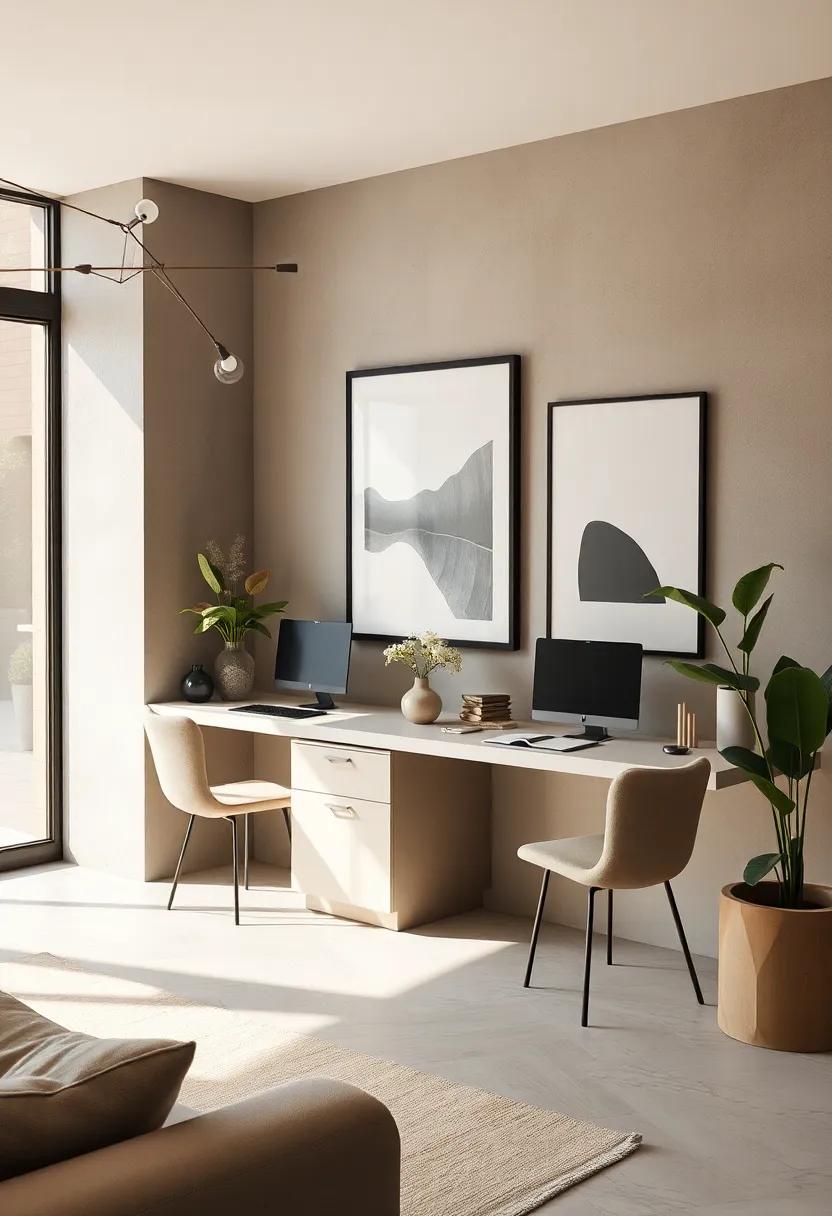 matte taupe desks ‍paired with monochrome ⁤artwork add‍ personality while ​preserving‍ the ‍peacefulness of‌ the neutral space
