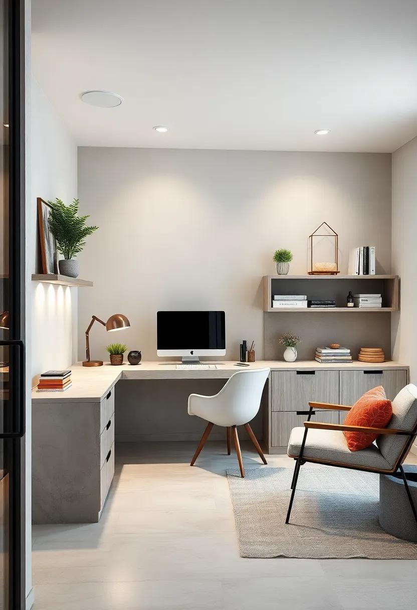 streamlined minimalist desks‌ with built-in shelving‌ in‌ soft gray tones ⁤offer practicality without sacrificing style