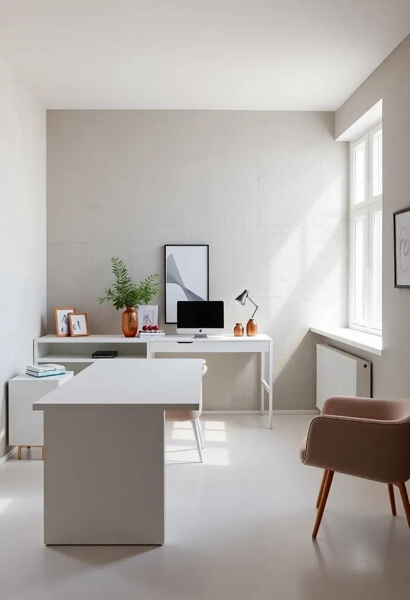 Classic Scandinavian design⁤ is featured in a white lacquered desk ⁤with clean⁢ lines,‌ set against muted ⁣stone walls to ‍inspire focus