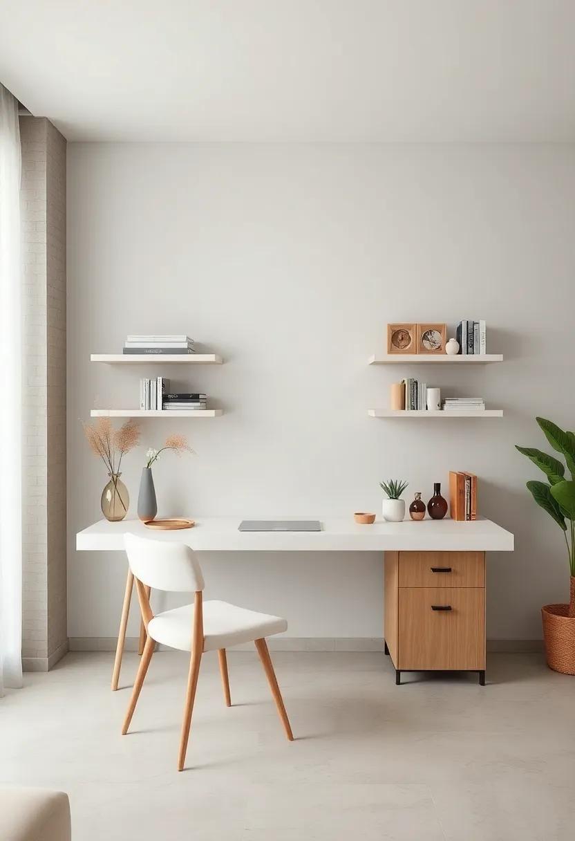 Floating shelves above a simple off-white desk provide ⁤storage without clutter, making the space feel ⁣larger ​and airy