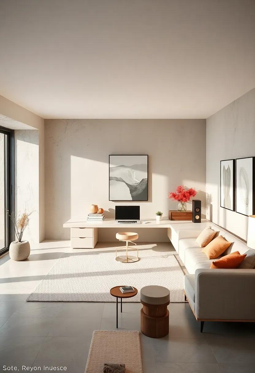 A ⁢concrete-textured desk atop slender steel⁤ legs anchors a workspace in cool ⁢tones, enhancing minimalism‍ with industrial vibes