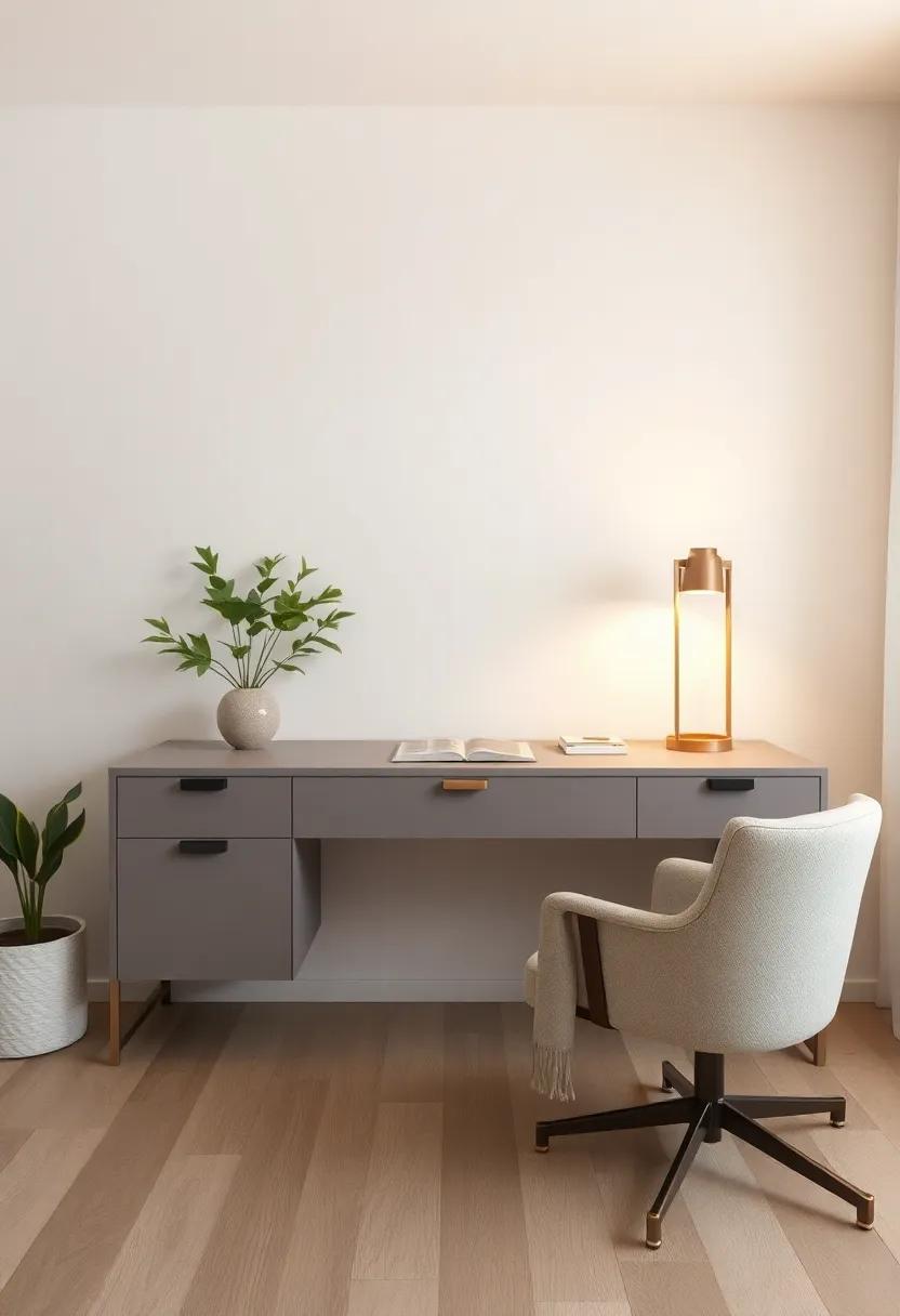 Subtle wood grain detailing on a‌ matte gray desk surface adds texture without disrupting ‌the calm aesthetic of the room
