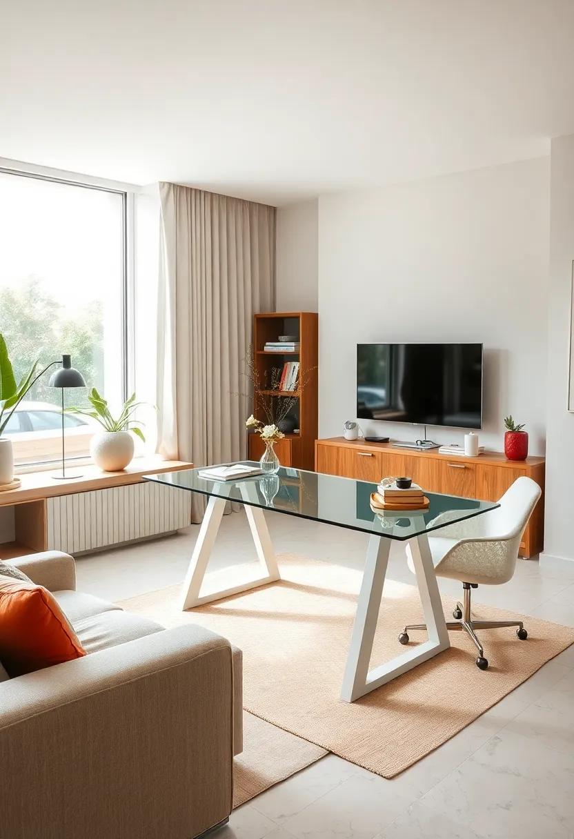 A glass-top desk with white supports offers ⁣an‌ airy, reflective surface that visually⁢ expands the‌ neutral workspace