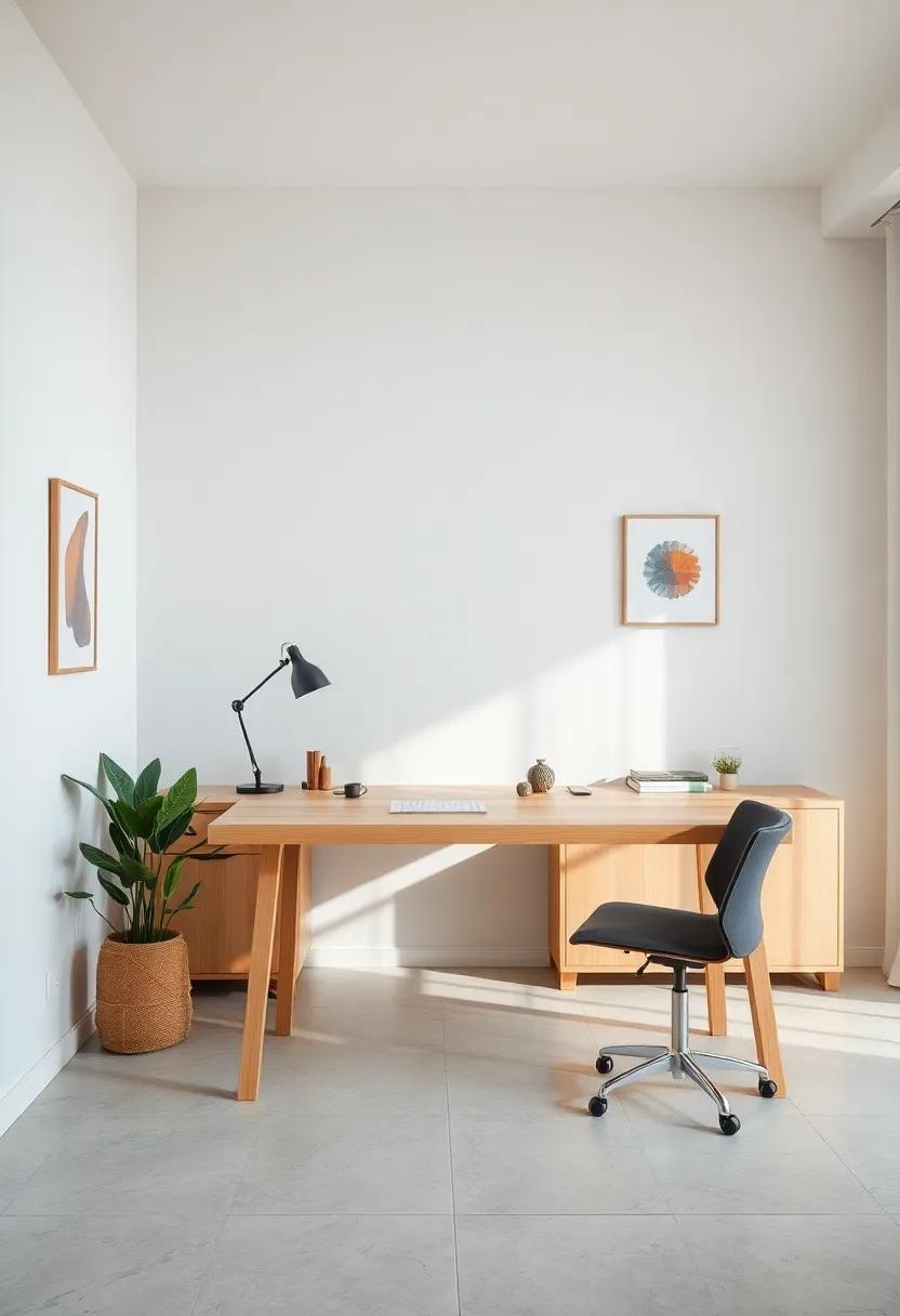 A minimalist​ standing desk‌ with ⁢an elegant ‍light ⁢wood⁤ finish encourages movement and ​maintains a ⁤calm, focused environment