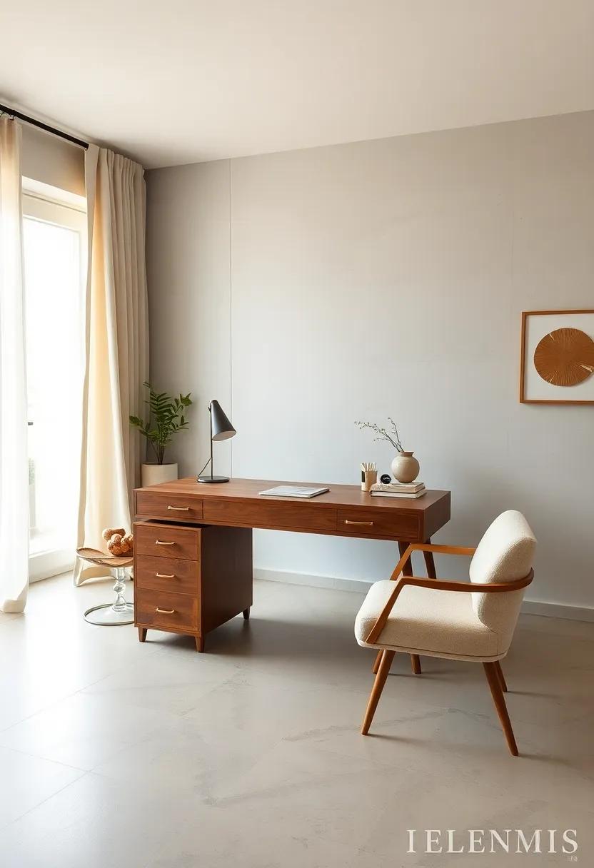 A vintage-inspired​ minimalist desk in⁣ muted ​sand tones pairs beautifully with linen curtains ‌for a timeless,‌ serene setup