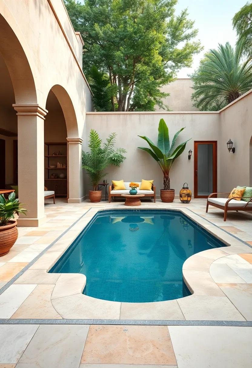Artistic Patio ⁣with ​Hand-Painted Tiles Surrounding a Small pool