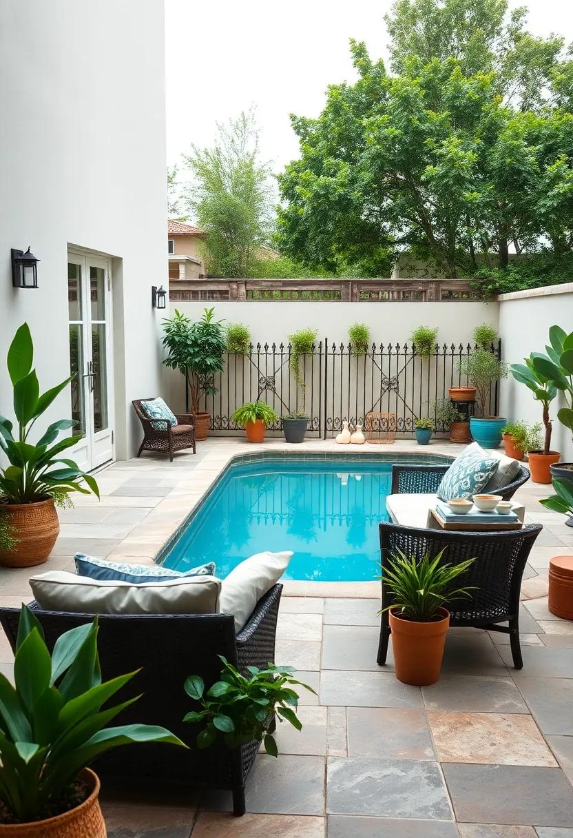 Charming Cottage⁤ Patio with a Vintage Iron Fence Around the Pool