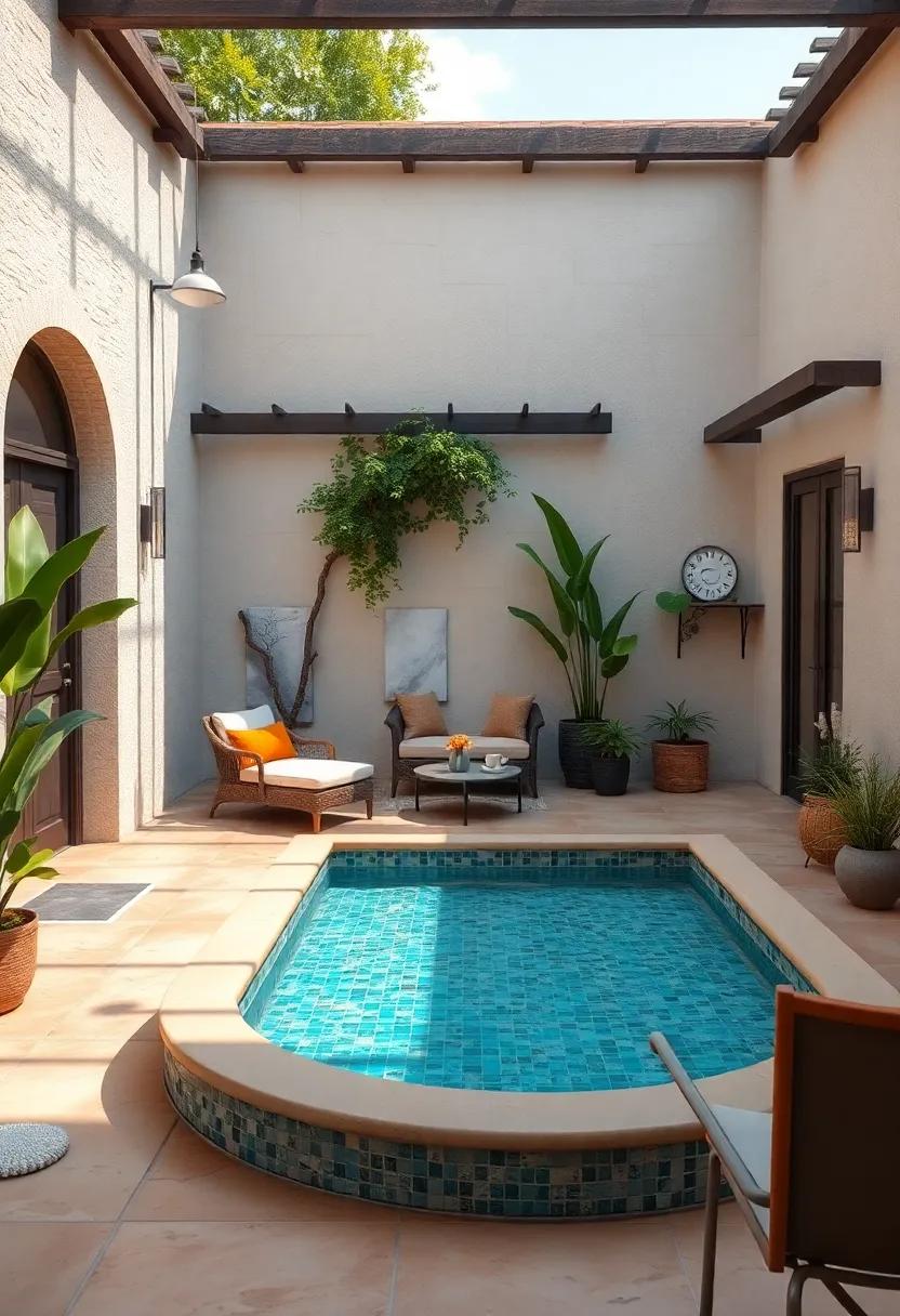 Cozy Mediterranean⁣ Courtyard with a Tiled Mosaic Pool