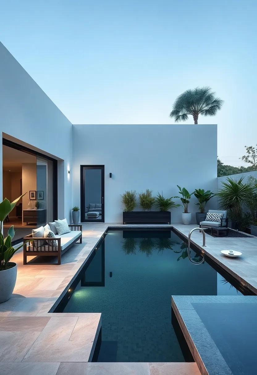 Elegant Monochrome Patio with a Black infinity Lap Pool