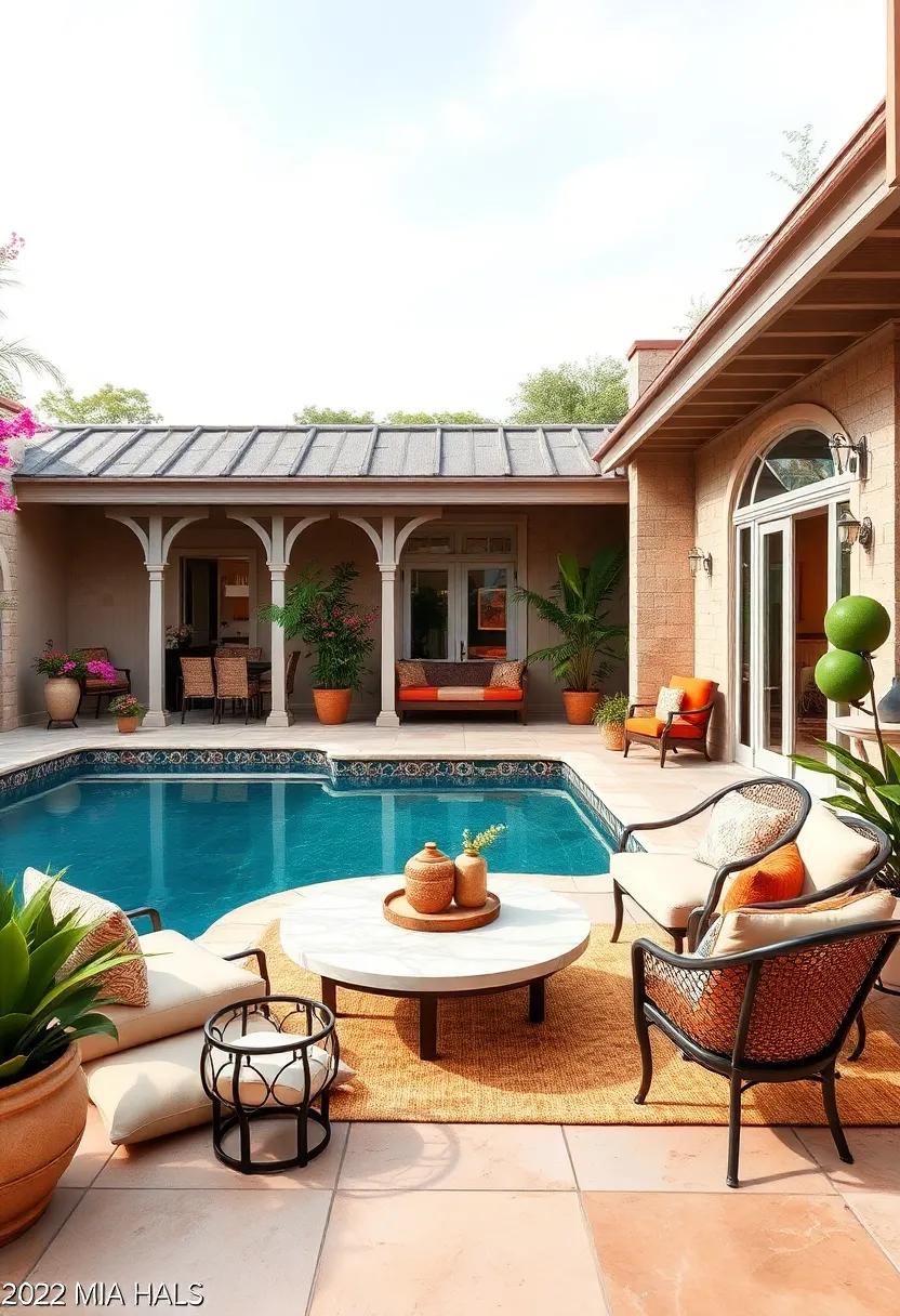 Elegant victorian-Style Patio with a Marble-Edged Pool