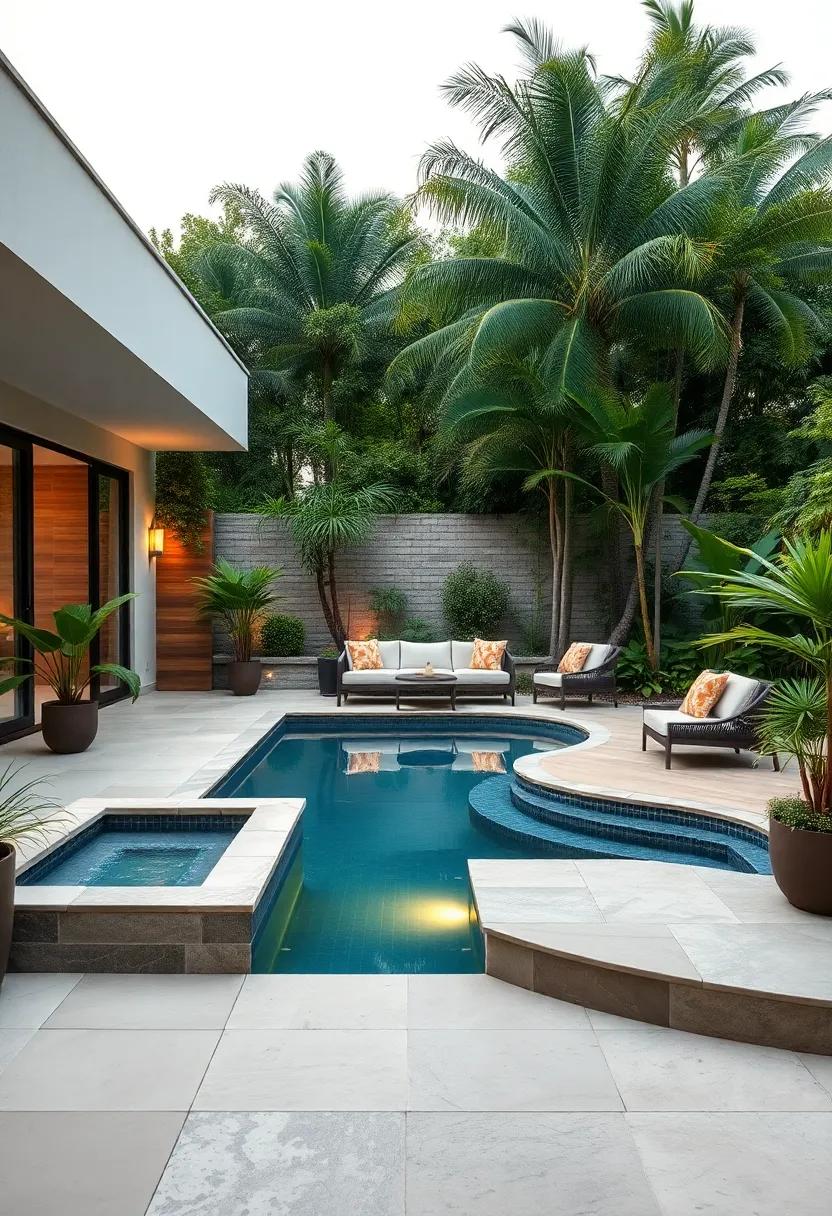 Lush ⁤Garden Patio with a Curved Freeform ​Pool and Floating Deck