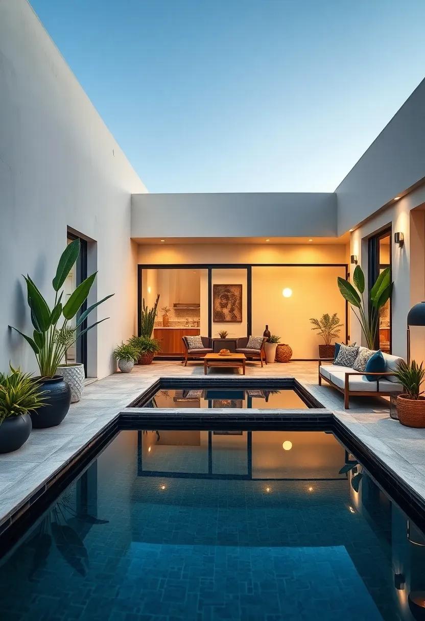 Mid-Century ​Modern patio with a Geometric Black-Tile Pool