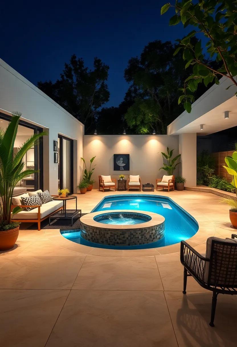 Modern Patio Featuring ‍a Sunken Circular ⁤Pool with LED Lighting