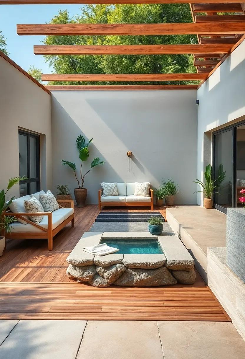 Rustic Wooden Deck⁤ Surrounding a Compact Natural Stone Pool