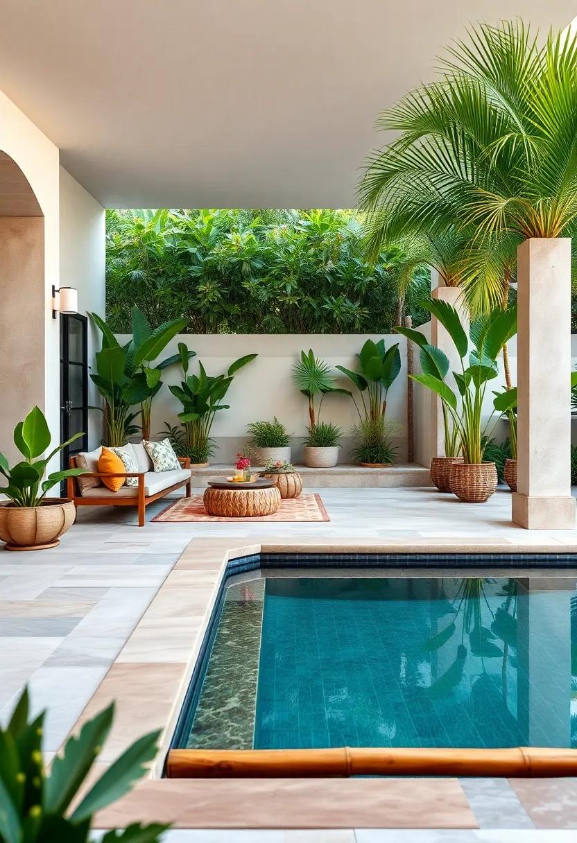 Tropical Oasis Patio with a Bamboo-Framed Lagoon ‌Pool