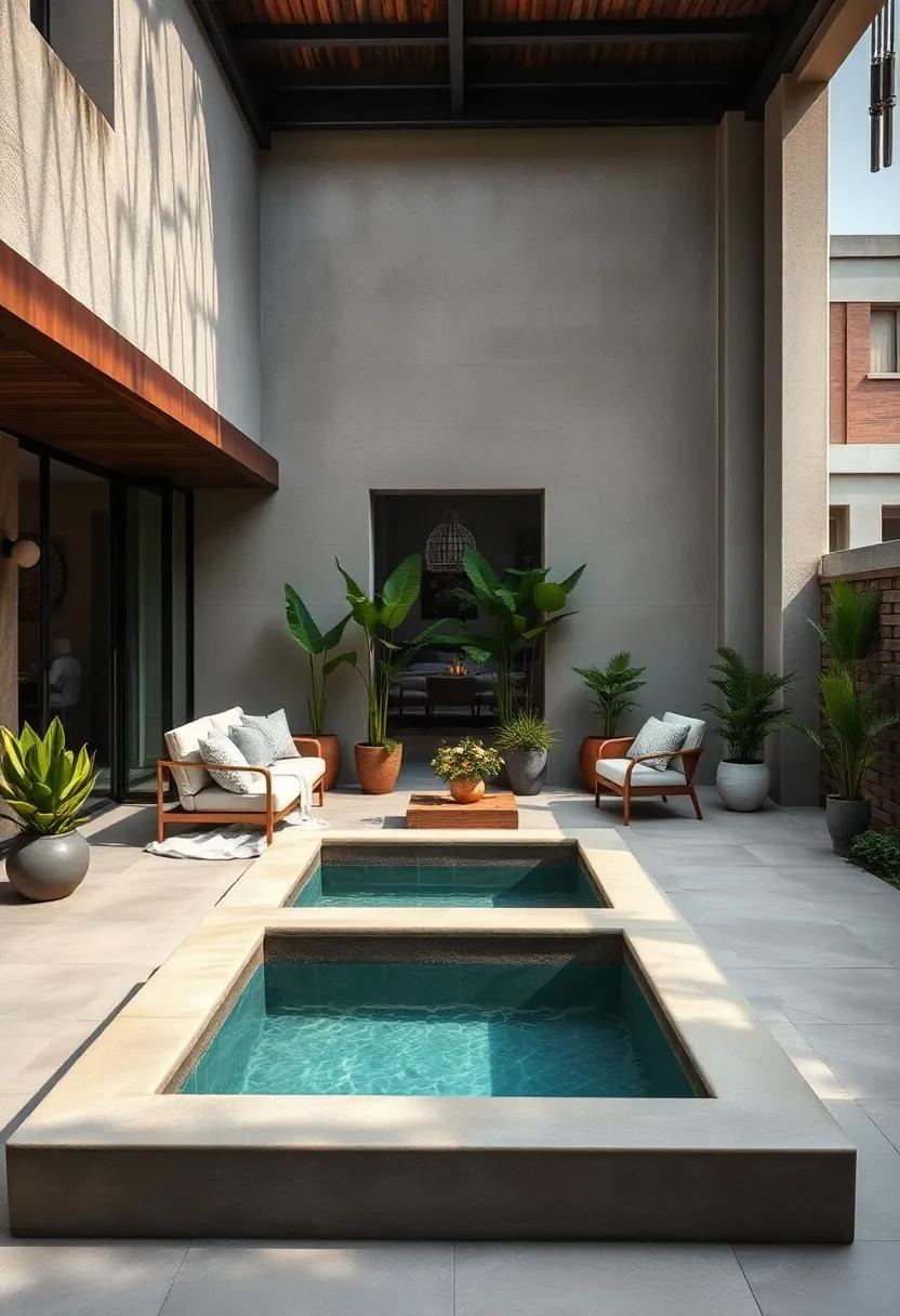 Urban Industrial Patio Featuring a Concrete-Lined Mini Pool