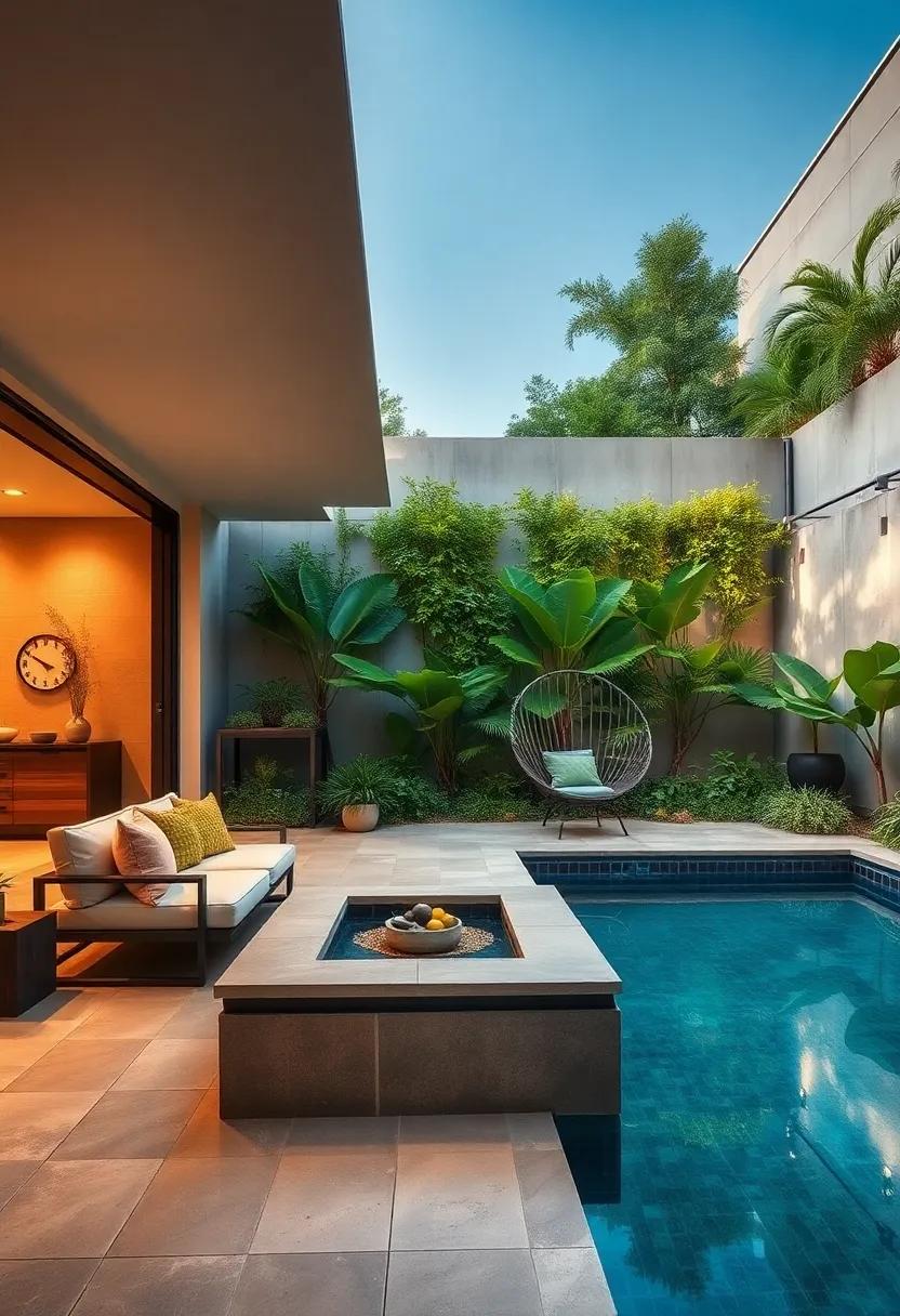 Urban Jungle Patio with ‌Dense ‍foliage ‌Framing the Pool Space